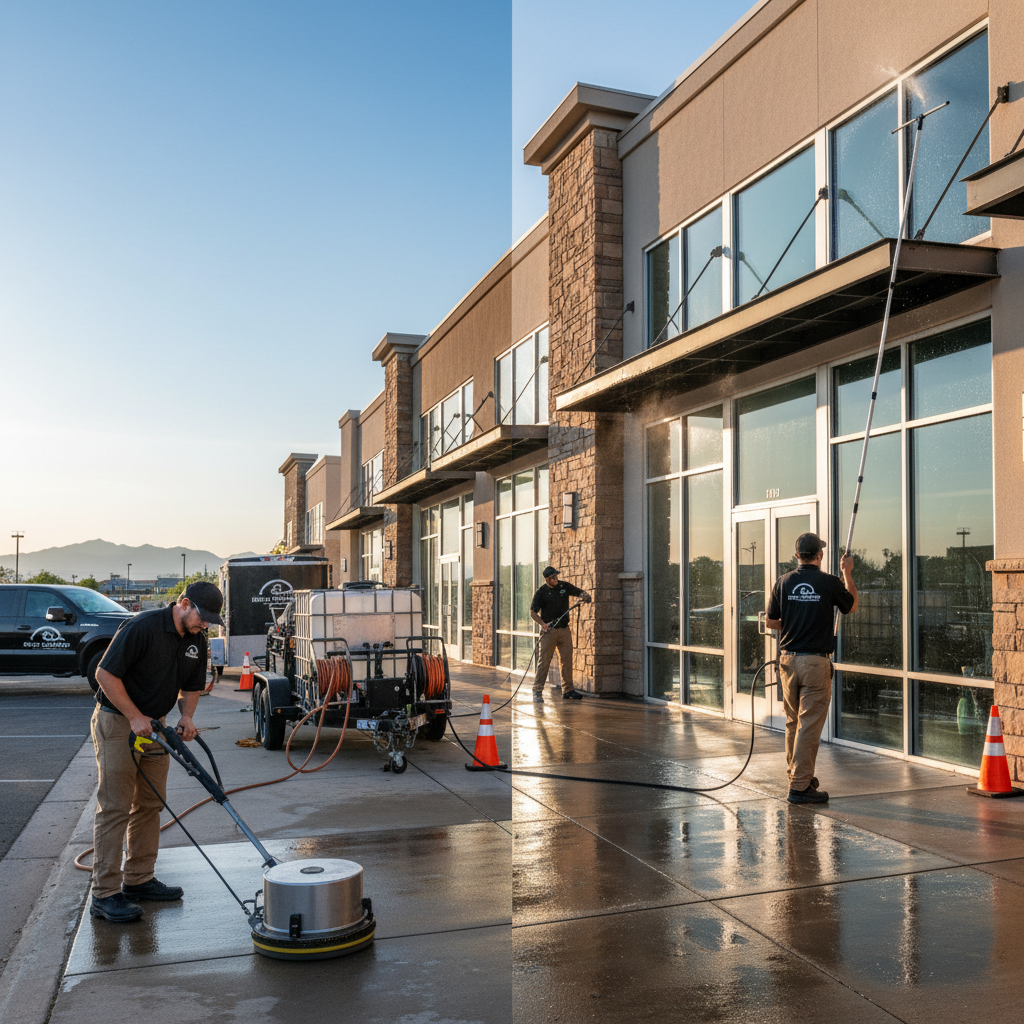 Three professional Rio Grande Property Solutions technicians in black polos, black hats, khaki pants, safety glasses working simultaneously on a modern Albuquerque New Mexico commercial office building โ one operating a 20-inch stainless-steel surface cleaner on sidewalk, one soft washing the stucco building exterior, one cleaning large storefront windows with a water-fed pole โ dramatic before-and-after transformation showing dirty gum-stained sidewalks and grimy windows on left vs. spotless concrete, crystal-clear glass, and restored building exterior on right, trailer-mounted pressure washing equipment and company truck visible, safety cones around work area, Sandia Mountains in background under bright blue New Mexico sky at warm golden hour